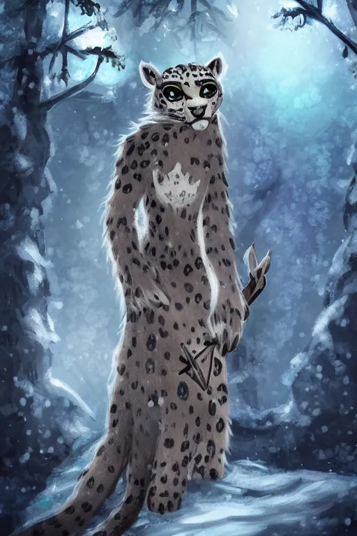 Image similar to a pretty medieval anthropomorphic snow leopard with a fluffy tail in the forest, comic art, trending on furaffinity, cartoon, kawaii, backlighting, furry art!!!, radiant light, bokeh, trending on artstation, digital art