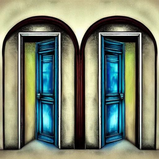 Image similar to a room with two doors : behind one door is summer, behind the other is winter, digital art