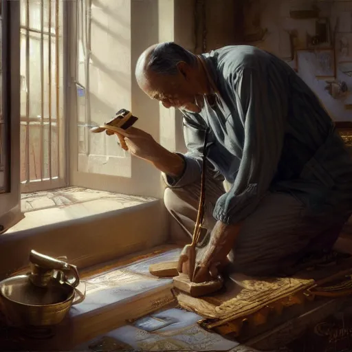 Prompt: A proud oldman tidying up your engraving, artstation, concept art, donato giancola, Joseph Christian Leyendecker, WLOP, Boris Vallejo, Breathtaking, 8k resolution, extremely detailed, beautiful, establishing shot, artistic, hyperrealistic, octane render, cinematic lighting, dramatic lighting, masterpiece, light brazen, extremely detailed and beautiful face