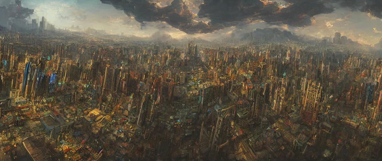 Prompt: a highly detailed painting of an abandoned cyberpunk city in the style of thomas cole, aerial view