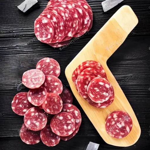 Prompt: Different types of salami on wooden board on black wooden table