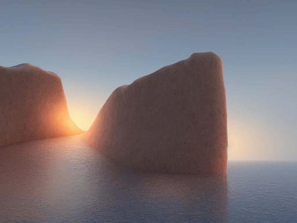 Prompt: A sunset over the Mediterranean sea diffusing soft light with jagged cliffs by James Turrell, 8k, octane render, ultra sharp