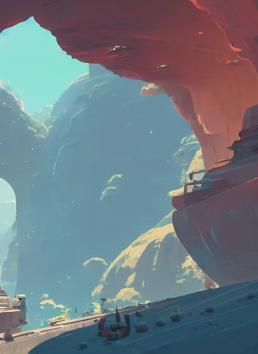 Image similar to canyon with giant entrance, nuclear powered, detailed, futuristic, cory loftis, james gilleard, atey ghailan, makoto shinkai, goro fujita, studio ghibli, rim light, exquisite lighting, clear focus, very coherent, plain background