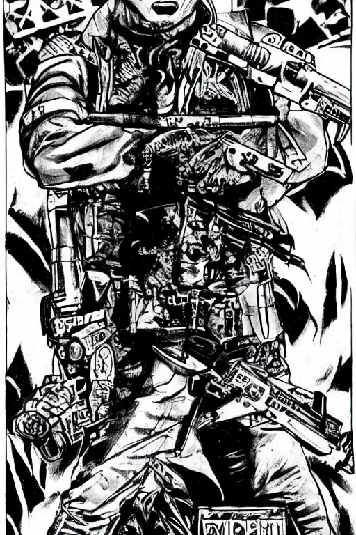 Image similar to a paranormal soldier, ouija tattoo on face, emp weapons strapped in shoulders, horror sci - fi black and white, art by kevin eastman