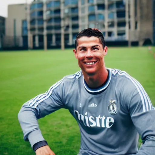 Prompt: christiano ronaldo smiling, portrait, f 2 2, 3 5 mm lens