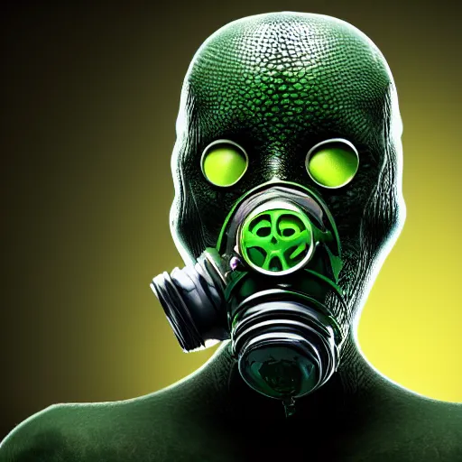 Prompt: human reptile hybrid with gas mask and green toxins popping from body full shot cinematographic high quality highly detailed ultra realistic 8 k