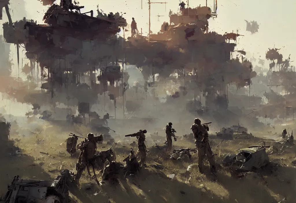 Prompt: ismail inceoglu painting of a war conflict, painting, trending on artstation, by greg manchess and by craig mullins and by kilian eng and by jake parker