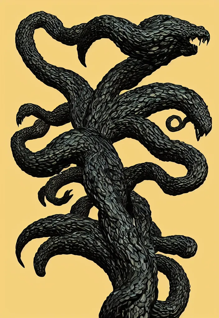 Image similar to a portrait of a mythical hydra with human heads coming out of the skin, flat design, screen print, 8k unreal engine