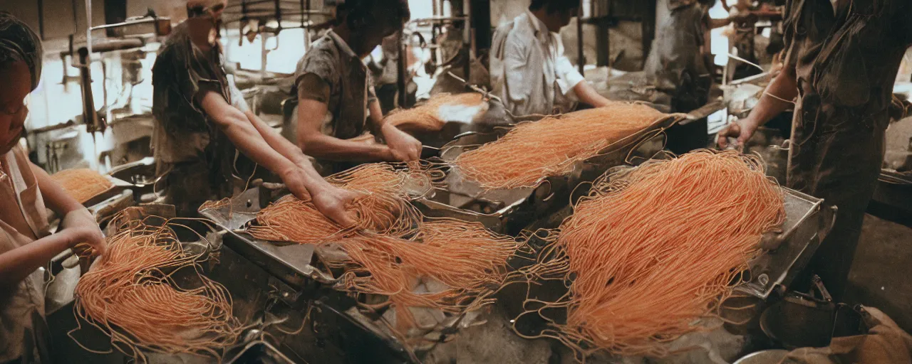 Image similar to a factory where people are processing fresh spaghetti from the tree, canon 5 0 mm, cinematic lighting, photography, retro, film, kodachrome, closeup