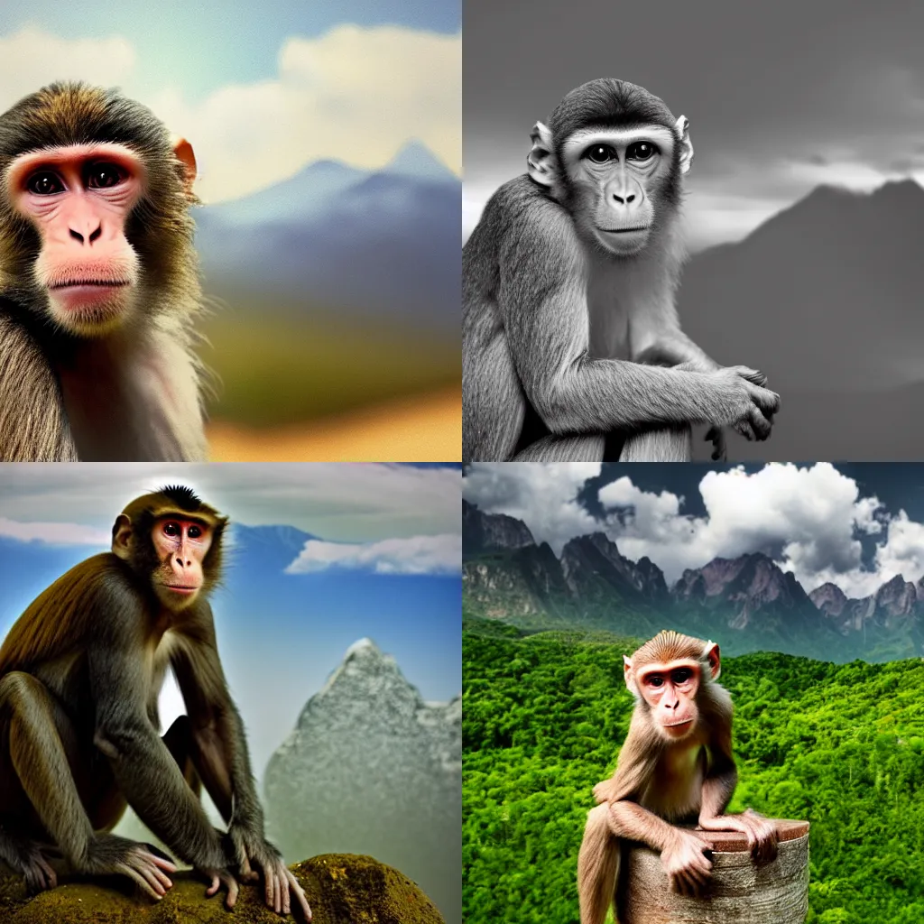 Prompt: a monkey with a camara, mountains in the backround with clouds, vintage, photorealism