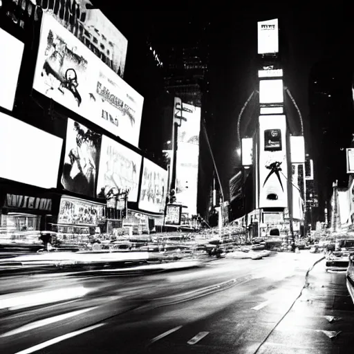 Prompt: black and white photograph of chthulhu attacking times square at night