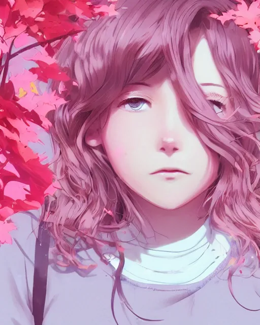 Prompt: happy teenage girl side face with pink curly pastel hair .Many single strips of hair floating in the air. Bright big eyes. Fine particles of red leaves.，cute, anime wallpaper，Sunlight on the face.by Krenz Cushart, Ian McQue, Ilya Kuvshinov, CloverWorks.vivid color.Shining highlights