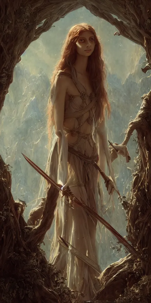 Image similar to angela sarafyan, beautiful fantasy maiden, dungeons and dragons, masterpiece by edgar maxence and ross tran and michael whelan, gustav dore, 8 k, octane render