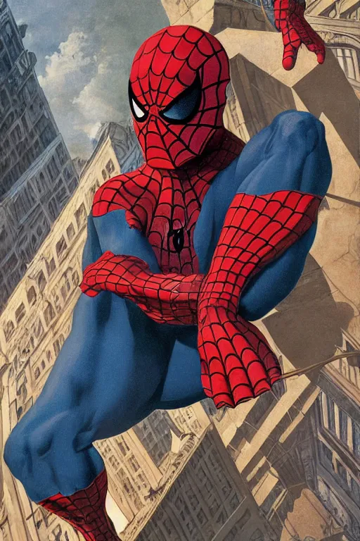 Prompt: upper body and head portrait of ray winstone as spiderman against simple background, by alex ross and jack kirby and sergey kolesov and jason fabok and lawrence alma tadema and norman rockwell and greg staples and rick berry and jeremy man