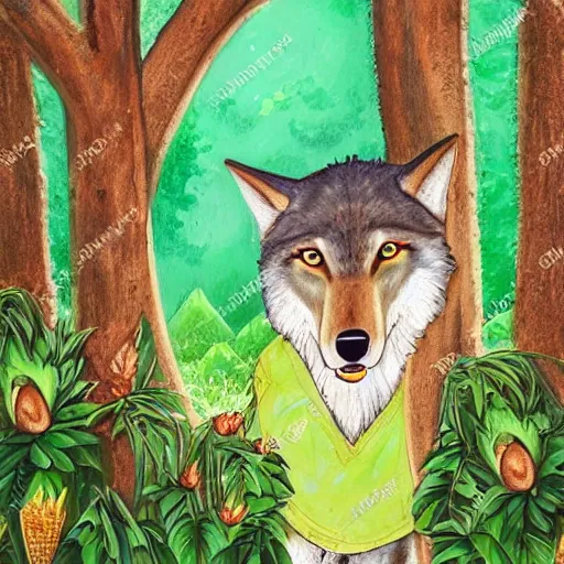 Image similar to Beautiful portrait of an anthro wolf wearing a cute summer outfit in green landscape