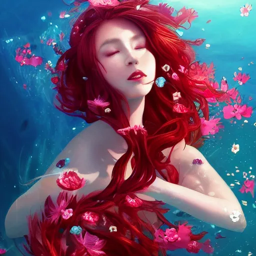 Prompt: red-haired summer woman in a swirling dress of flowers, underwater, floral couture, radiant light, flowery fashion, vortex of petals, by WLOP and artgerm, artstation, deviantart, pixiv