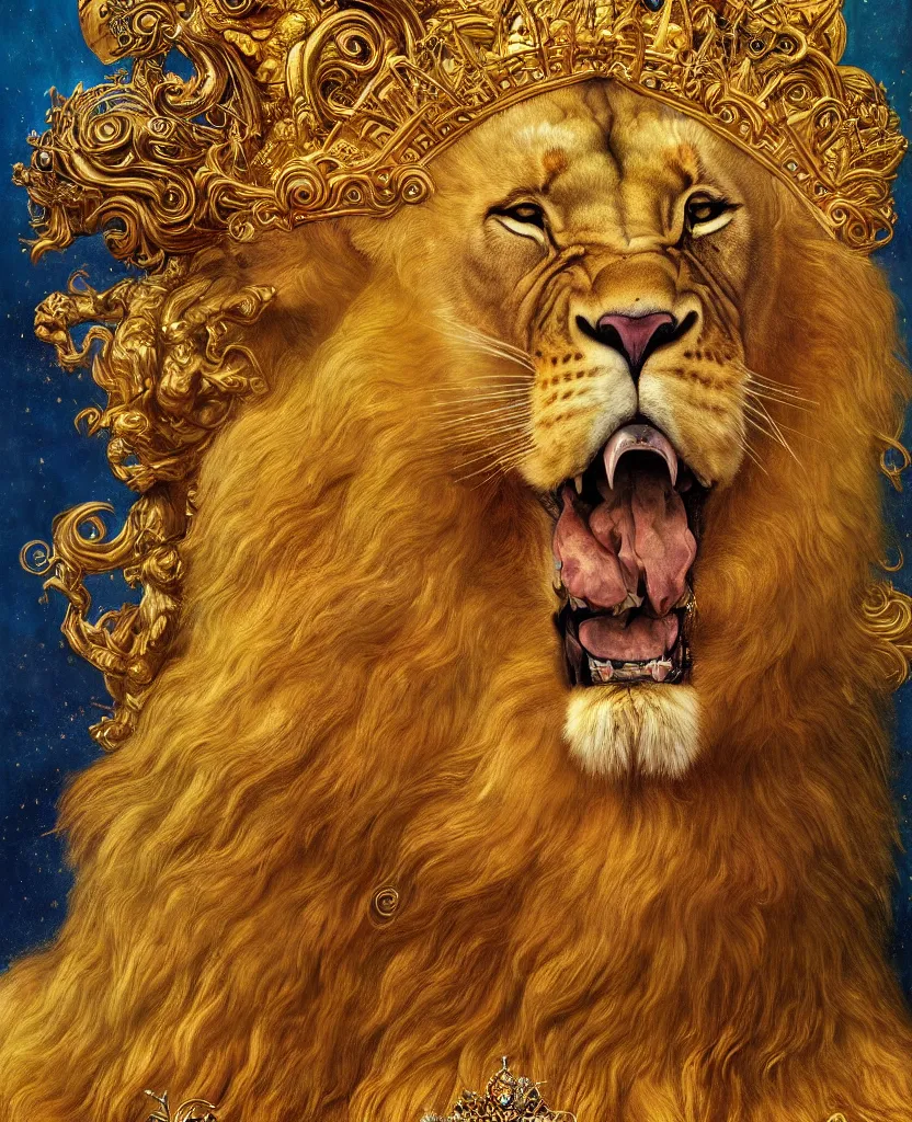 Prompt: A majestic portrait of a lion wearing a crown, on a flaming throne, titian, Tom Bagshaw, Sam Spratt, maxfield parrish, gustav klimt, high detail, 8k, underwater light rays, intricate, royalty, vibrant iridescent colors,art nouveau, yellow navy and gold