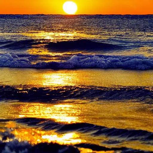 Prompt: sunset on the ocean, water is glowing golden, gold colored glowing water, sun surrounded by blackness, sky completely dark, night sky with stars visible with the sun still on the horizon