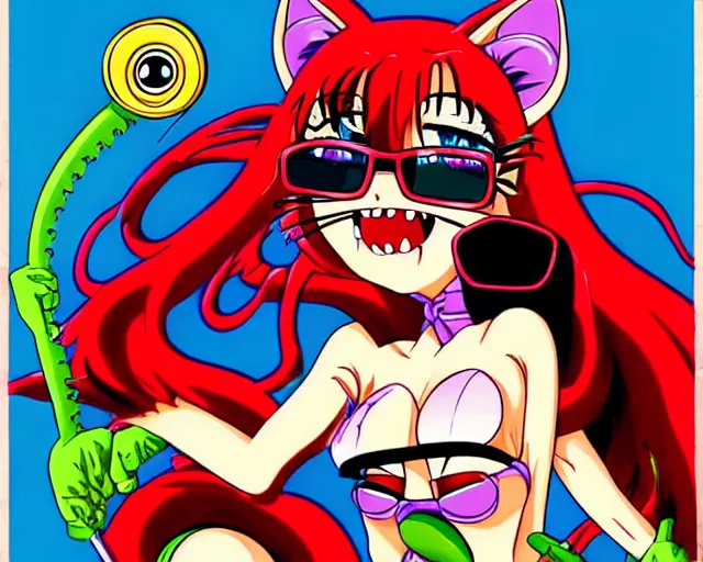 Image similar to high - quality anime catgirl in rat fink style by ed roth, crazy bulging eyes janky teeth riding in a hot rod, road rage, inspired by rat fink hot rods and 8 0 s bishoujo anime, vhs filter