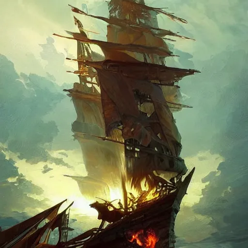 Prompt: !! pirate ship on fire!! d & d fantasy intricate elegant highly detailed digital painting artstation concept art matte sharp focus illustration hearthstone art by artgerm art by greg rutkowski art by alphonse mucha