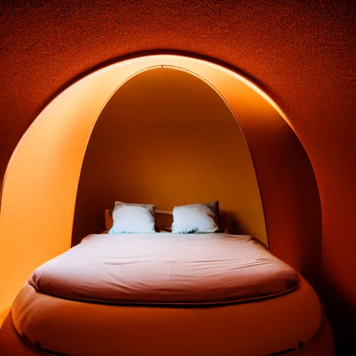 Prompt: inside cozy luxurious curved sleep-pod with wall to wall padding and sound system, amber ambient, red desert outside window, night time, lighting, atmospheric, polyamorous, XF IQ4, 150MP, 50mm, F1.4, ISO 200, 1/160s, dawn