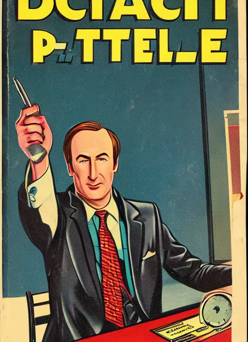 Image similar to portrait of bob odenkirk as saul goodman in the style of a detective book cover ace - high detective magazine 1 9 3 6, mad magazine, cover