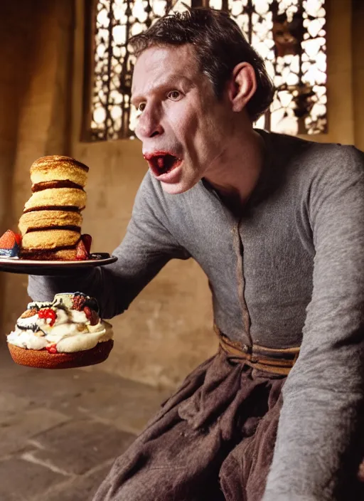 Image similar to closeup portrait of a medieval goblin eating cakes in the cloisters, depth of field, zeiss lens, detailed, symmetrical, centered, fashion photoshoot, by Annie Leibovitz and Steve McCurry, David Lazar, Jimmy Nelsson, Breathtaking, 8k resolution, extremely detailed, beautiful, establishing shot, artistic, hyperrealistic, beautiful face, octane render