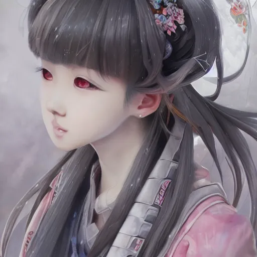 Image similar to dynamic composition, motion, ultra-detailed, incredibly detailed, a lot of details, amazing fine details and brush strokes, colorful and grayish palette, smooth, HD semirealistic anime CG concept art digital painting, watercolor oil painting of a young C-Pop idol girl, by a Chinese artist at ArtStation, by Huang Guangjian, Fenghua Zhong, Ruan Jia, Xin Jin and Wei Chang. Realistic artwork of a Chinese videogame, gradients, gentle an harmonic grayish colors.