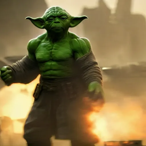 Image similar to yoda as the hulk the hulk in gears of war, splash art, movie still, cinematic lighting, dramatic, octane render, long lens, shallow depth of field, bokeh, anamorphic lens flare, 8 k, hyper detailed, 3 5 mm film grain