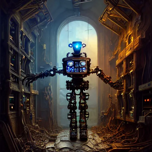 Image similar to A photorealistic 3d render of a robot monster cyborg made of circuits wide view shot by ellen jewett , tomasz alen kopera and Justin Gerard symmetrical features, ominous, magical realism, texture, intricate, ornate, royally decorated, android format, windows, many doors, roofs, complete house , whirling smoke, embers, red adornments, red torn fabric, radiant colors, fantasy, trending on artstation, volumetric lighting, micro details, 3d sculpture, ray tracing, 8k