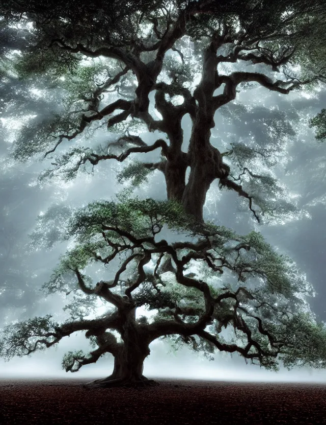 Prompt: a beautiful angel oak tree of life with glowing lights in the branches with winding buttressed roots rising above a cairn covered in mist with sparkling streams and rivulets of water running down into an underground lake by james jean by roger dean by lee madgewick, at dawn, volumetric light, spiritual light, houdini particles, trending on artstation