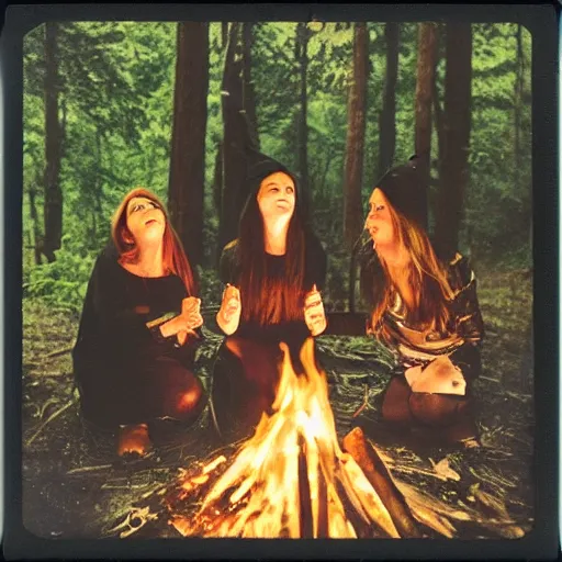 Prompt: witches gather around a bonfire in a forest, polaroid