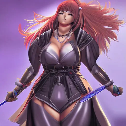 Image similar to owersize plus size anime girl warrior by Boris Valejio, high detailed digital art