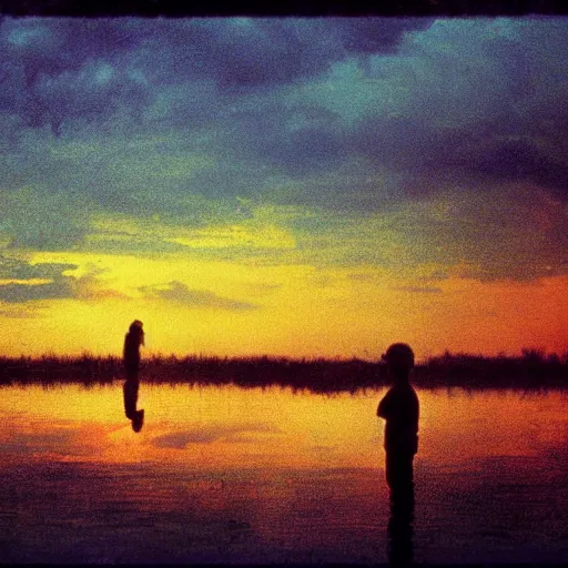 Image similar to Movie scene photography of a 10 years old boy playing in the dirty swamp, by tarkovsky, wong kar wai photography, sunset, monet pastel ambient