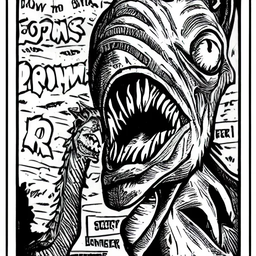 Image similar to a Pop Wonder scary horror themed goofy-hilarious-character-dinosaur-demon, dime-store-comic drawn with charcoal and pen and ink, half-tone-line-stacking