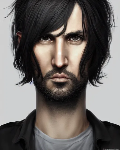 Image similar to portrait of tall, tired 3 3 - year - old handsome man with long black hair, grey eyes, wearing black clothes, hyper realistic face, beautiful eyes, character art, art by mark brooks, hyperdetailed, cryengine, trending on artstation, digital art