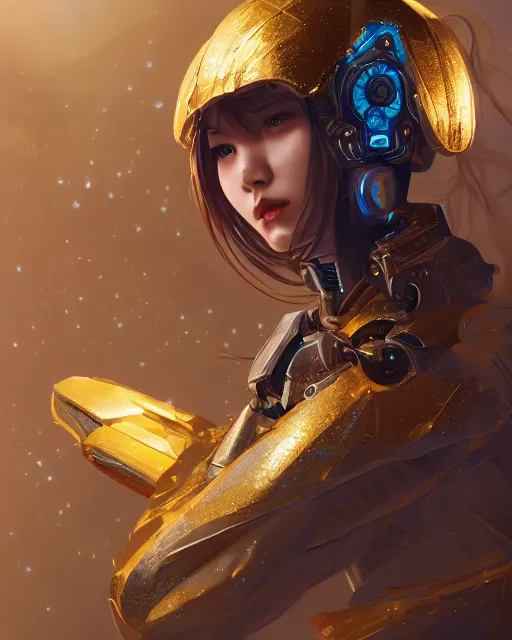 Image similar to holy cyborg girl with golden armor, elegant, scifi, futuristic, utopia, garden, colorful, lee ji - eun, illustration, atmosphere, top lighting, blue eyes, focused, artstation, highly detailed, art by yuhong ding and chengwei pan and serafleur and ina wong