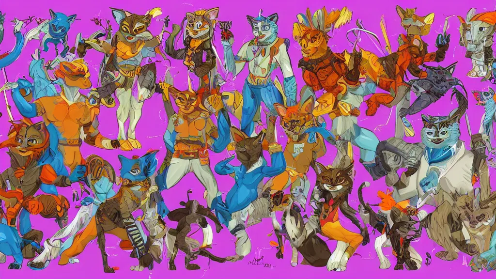 Prompt: colorful and vivid character sheet for a handsome muscular masculine lynx - man space - pirate with head of lynx, long tail, furry fandom, swashbuckling and romantic, retrofuture, high contrast, realistic, coherent, illustration, digital art, trending on artstation, hd, 8 k, good lighting, beautiful, rough paper, masterpiece