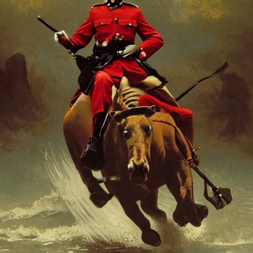 Prompt: a mountie riding on a hippo