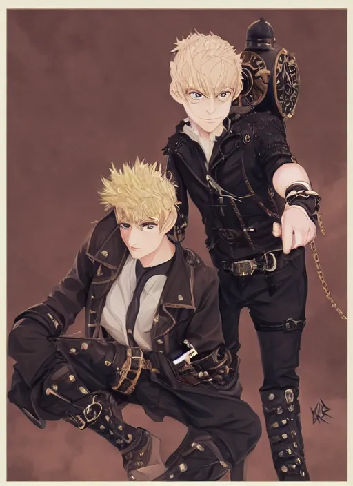 Image similar to a blonde boy thief in leathers with a steampunk armband in the style of krenz cushart