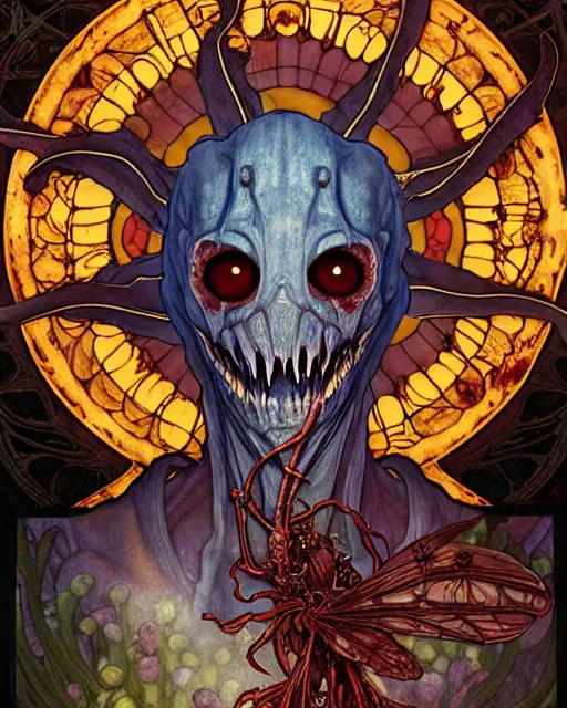 Image similar to the platonic ideal of flowers, rotting, insects and praying of cletus kasady carnage davinci dementor chtulu mandala ponyo dinotopia bioshock the witcher, d & d, fantasy, ego death, decay, dmt, psilocybin, concept art by randy vargas and greg rutkowski and ruan jia and alphonse mucha