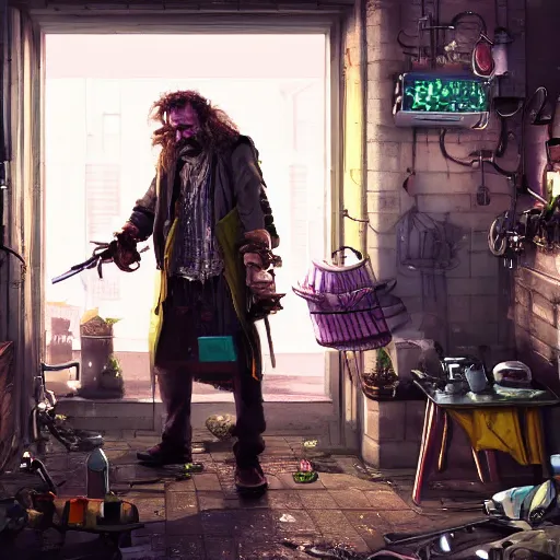 Image similar to a cyberpunk british magical hobo breaks into some ork's kitchen and attacks them, 4 k, detailed, real life photo, sharp focus, photorealistic