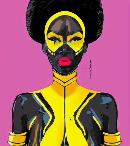 Image similar to a digital painting of a black female android with futuristic hair and yellow make-up, a comic book panel by Craig Thompson, behance contest winner, afrofuturism, marvel comics, official art, artstation hq