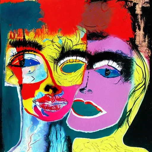 Image similar to acrylic painting of two bizarre psychedelic women kissing in japan in spring, speculative evolution, mixed media collage by basquiat and jackson pollock, maximalist magazine collage art, sapphic art, psychedelic illustration