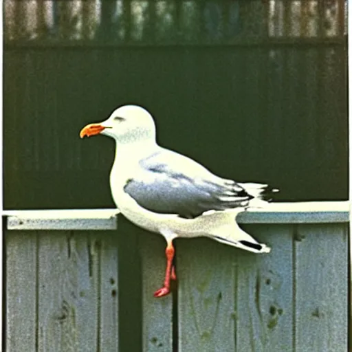 Prompt: photo polaroid of a seagull sitting on fence Norman Rockwell