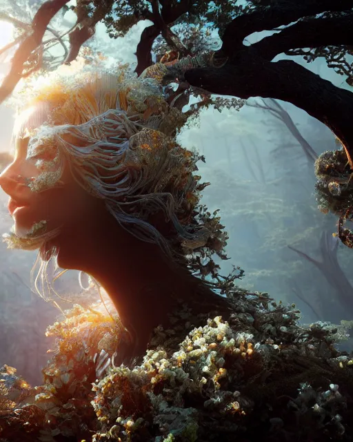 Image similar to beauteous sumptuous biomechanical incredible hair, crystalline masterpiece incrustations, hyperdetailed face, 4 k oled projected retinal overlays, elegant pose, movie still, intricate, octane render, cinematic forest lighting, cgsociety, unreal engine, crepuscular rays, god rays