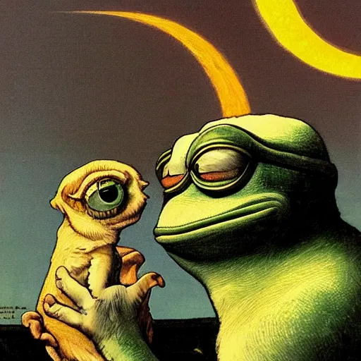 Image similar to pepe the frog gazing at the moon by norman rockwell