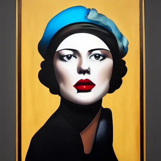 Prompt: a painting of a woman with a hat on her head, an art deco painting by nick gentry, featured on behance, precisionism, art deco, detailed painting, airbrush art