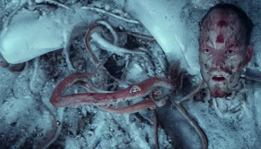 Prompt: Big budget horror movie about a cyborg doing an autopsy on a giant squid's heart