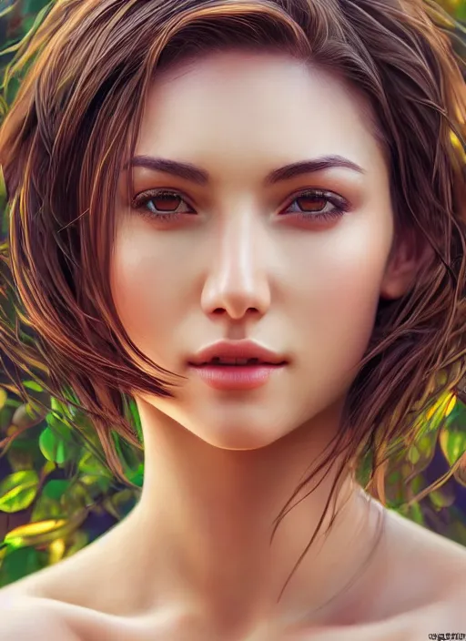 Image similar to photo of a gorgeous female in the style of stefan kostic, realistic, professionally, half body shot, sharp focus, 8 k high definition, insanely detailed, intricate, elegant, art by stanley lau and artgerm, bokeh foliage